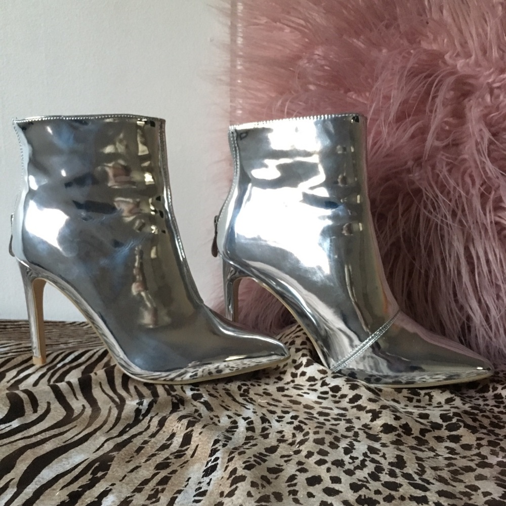 Cape Robbin Metallic Silver Mirror Booties Heels